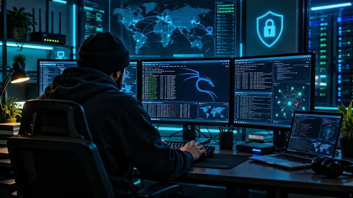 Hacking éthique, homme vu de dos sur Kali Linux en laboratoire